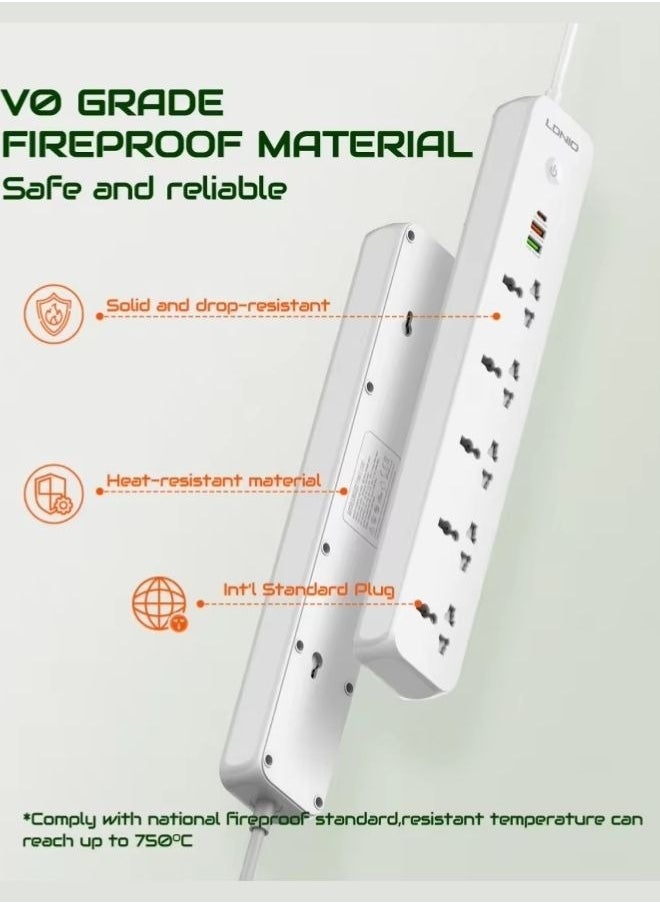 Universal  Power Extension strip with 5 Outlet and 38W usb and 20W type c USB Out Put Power extension socket With 2M Power Cord