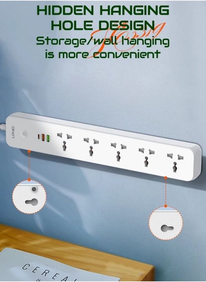 LDNIO شريط تمديد طاقة عالمي بخمسة منافذ مع مقبس تمديد طاقة USB وType C مع سلك طاقة بطول 2 متر  - Image 4