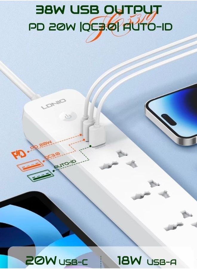 LDNIO شريط تمديد طاقة عالمي بخمسة منافذ مع مقبس تمديد طاقة USB وType C مع سلك طاقة بطول 2 متر  - Image 3