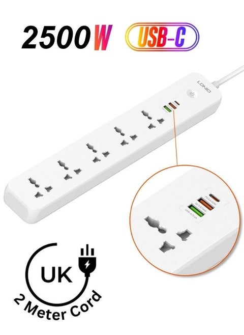 Universal  Power Extension strip with 5 Outlet and 38W usb and 20W type c USB Out Put Power extension socket With 2M Power Cord