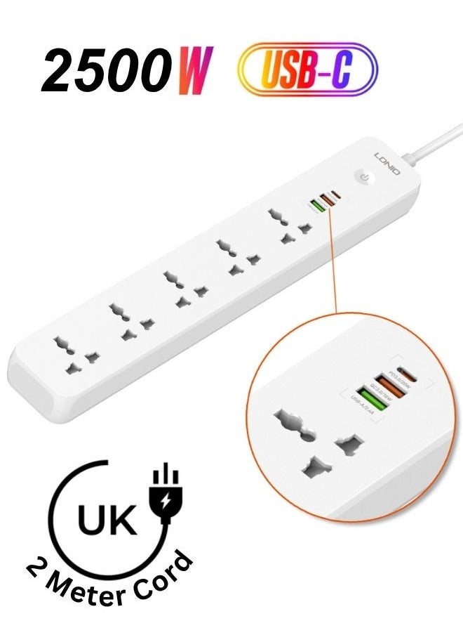 LDNIO شريط تمديد طاقة عالمي بخمسة منافذ مع مقبس تمديد طاقة USB وType C مع سلك طاقة بطول 2 متر  - Image 1
