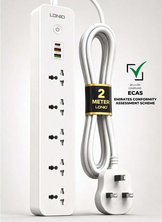 LDNIO Universal  Power Extension strip with 5 Outlet and 38W usb and 20W type c USB Out Put Power extension socket With 2M Power Cord - Image 1