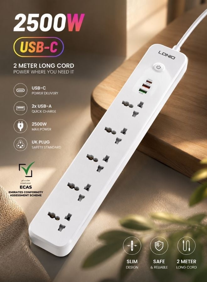LDNIO Universal  Power Extension strip with 5 Outlet and 38W usb and 20W type c USB Out Put Power extension socket With 2M Power Cord ECAS Certified UAE - Image 1