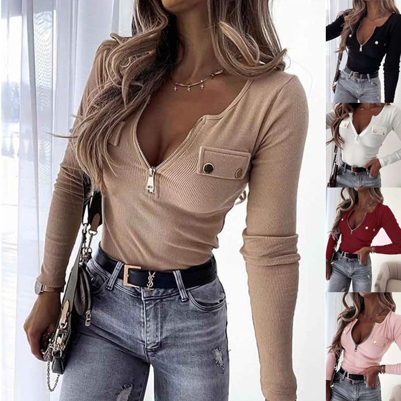 Street Fashion Knitted Slim-Fit Long-Sleeved Pullover Zipper Top T-Shirt - Image 2