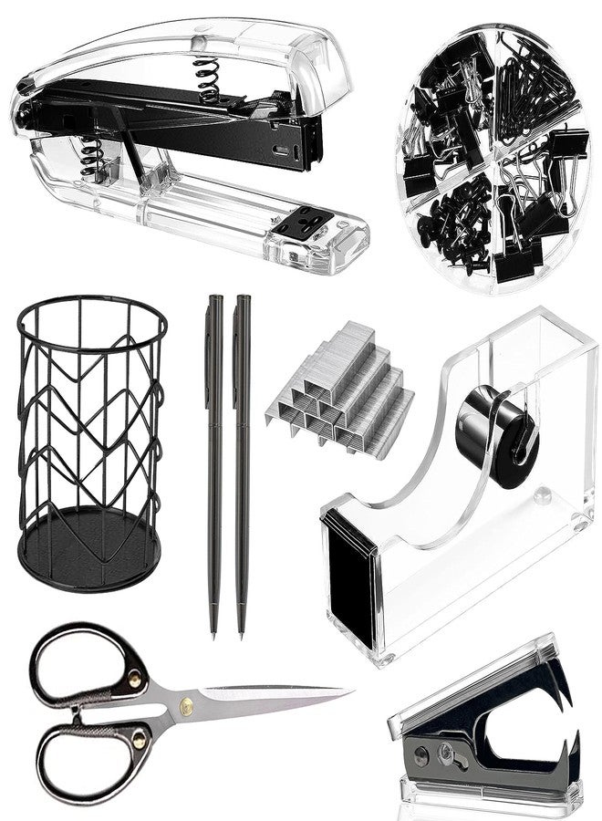 Famassi Office Desk Accessories，Office Supplies Set Acrylic Stapler Set Staple Remover, Tape Holder, Pen Holder, 2 Ballpoint Pen, Scissor, Binder Clips, Paper Clips and 1000pcs Staples(Black) - Image 1