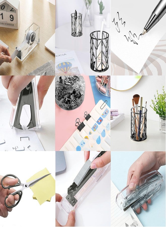 Famassi Office Desk Accessories，Office Supplies Set Acrylic Stapler Set Staple Remover, Tape Holder, Pen Holder, 2 Ballpoint Pen, Scissor, Binder Clips, Paper Clips and 1000pcs Staples(Black) - Image 5