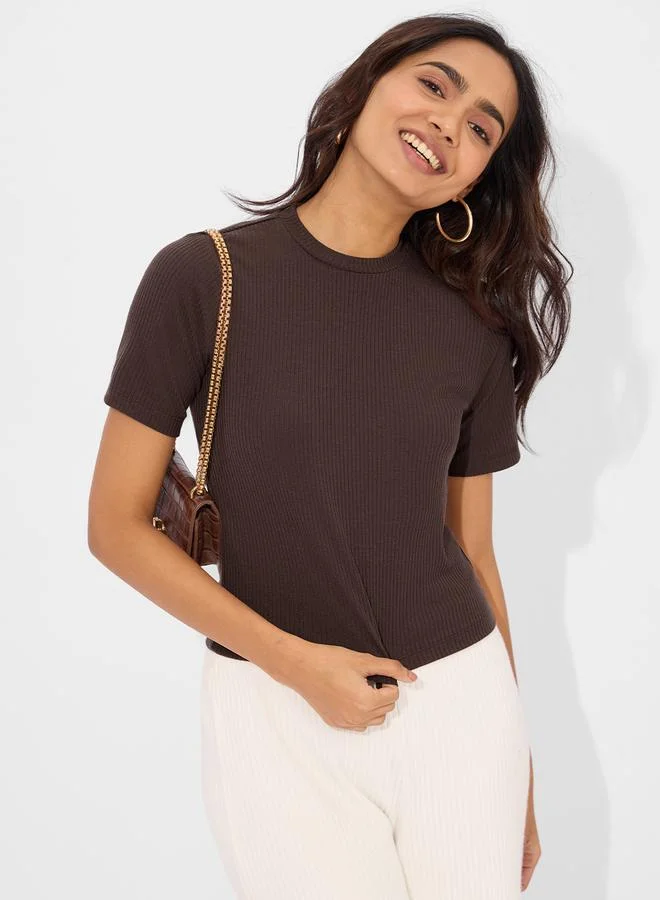 The Souled Store Chocolate Brown Ribbed Crop T-Shirt