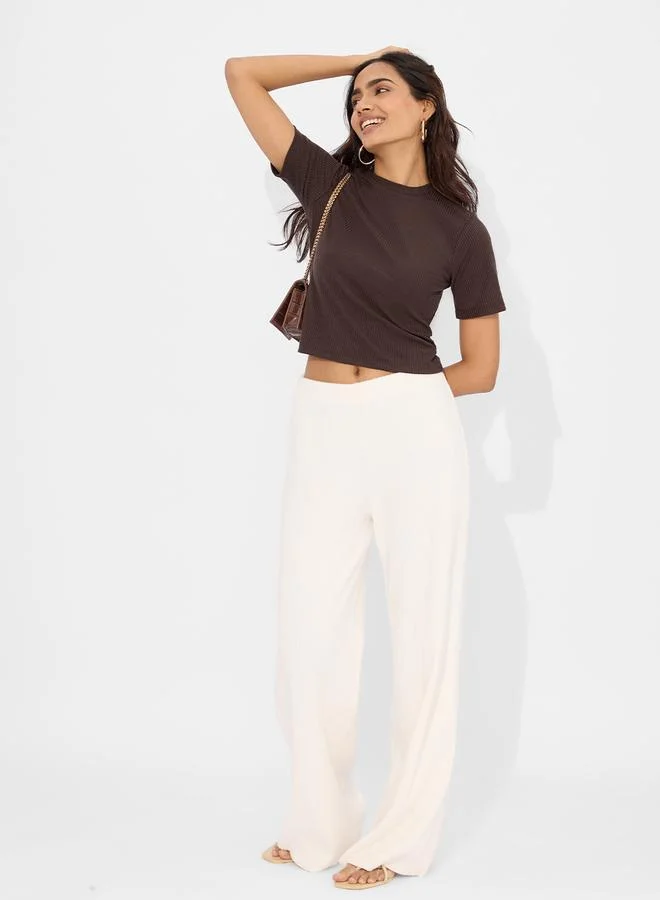 The Souled Store Chocolate Brown Ribbed Crop T-Shirt