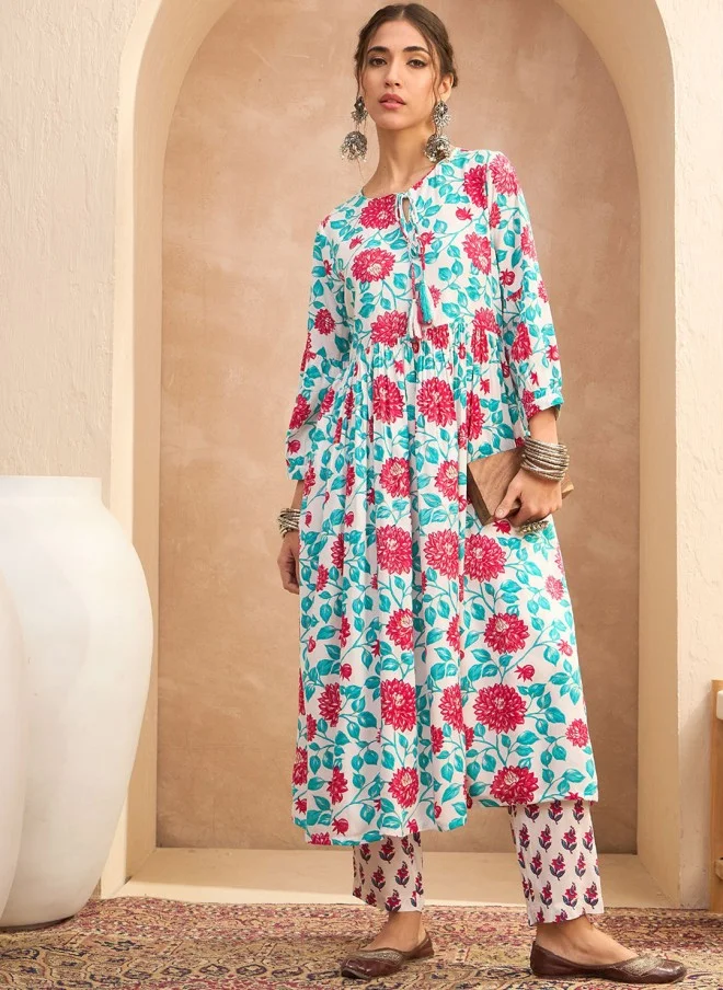 SASSAFRAS Floral Printed A-Line Kurta with Trouser for Women