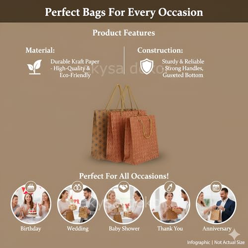 ekysa dekor 180 GSM Hard Brown Reusable Mix Print Craft Paper Gift Bags with Handles for Parties, Festivals, Paper Party Favor Bags for Kid’s Birthday, Baby Shower, Wedding, Holiday Party [White, 6X6X3 Inch, Pack Of 5, Assorted Prints] - Image 5