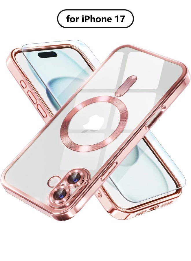 Magnetic for iPhone 17 Case with Screen Protector, Compatible with MagSafe [Never Yellowing] [Drop Protection] Full Camera Lens Protector Plating Soft Clear Phone Case for Women, Pink - Image 1