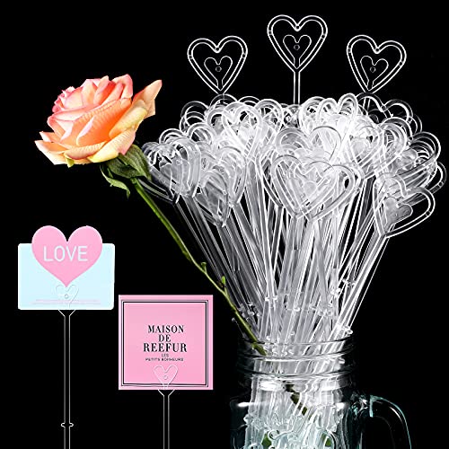 Nitial 100 Pcs Plastic Heart Shape Floral Picks Card Holders for Wedding Bouquet Birthday Party Decorations 9.4 Inch - Image 1