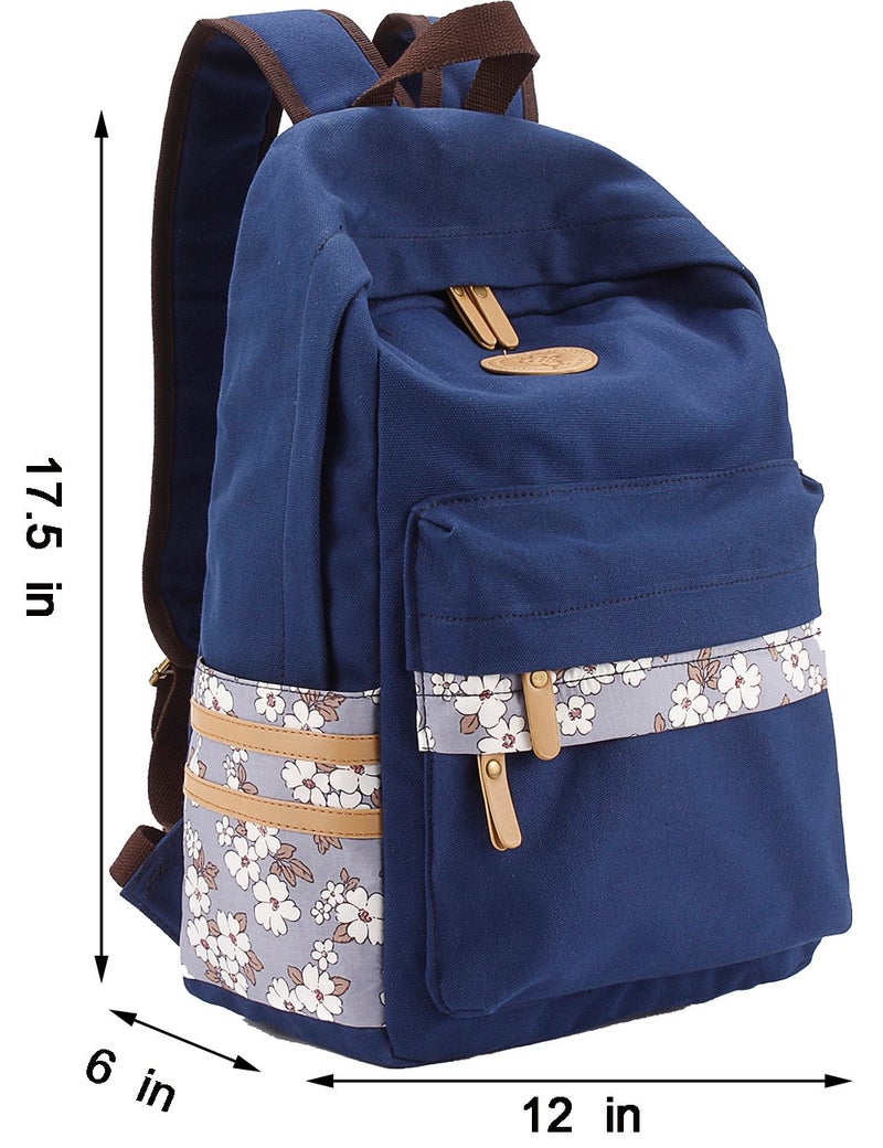 mygreen Kawaii Girls Backpack for School - Lightweight Canvas Backpack for Teens Ages 8-12, Fits 15 Inch Laptop, Cute Boho Floral Design, Durable & Comfortable Dark Blue - Image 2