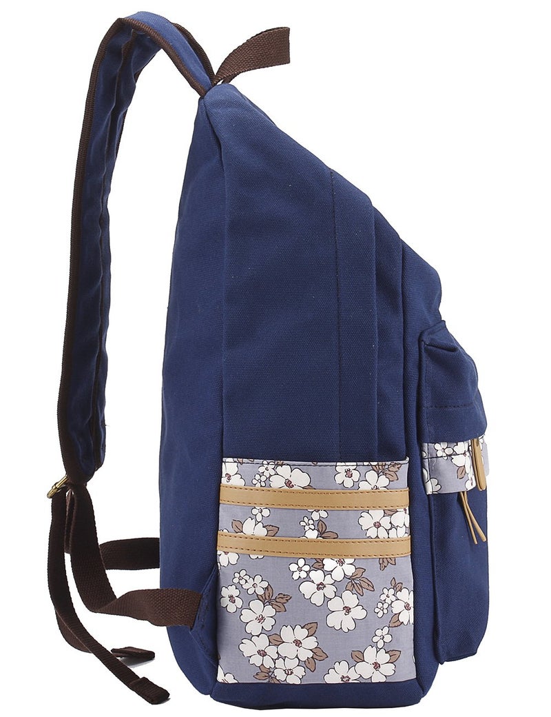 mygreen Kawaii Girls Backpack for School - Lightweight Canvas Backpack for Teens Ages 8-12, Fits 15 Inch Laptop, Cute Boho Floral Design, Durable & Comfortable Dark Blue - Image 3
