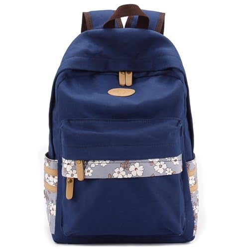mygreen Kawaii Girls Backpack for School - Lightweight Canvas Backpack for Teens Ages 8-12, Fits 15 Inch Laptop, Cute Boho Floral Design, Durable & Comfortable Dark Blue - Image 1