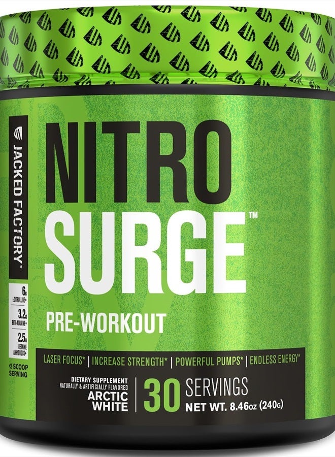 Jacked Factory NITROSURGE Pre Workout Supplement - Endless Energy, Instant Strength Gains, Clear Focus, Intense Pumps - NO Booster & Powerful Preworkout Energy Powder - 30 Servings, Arctic White - Image 1