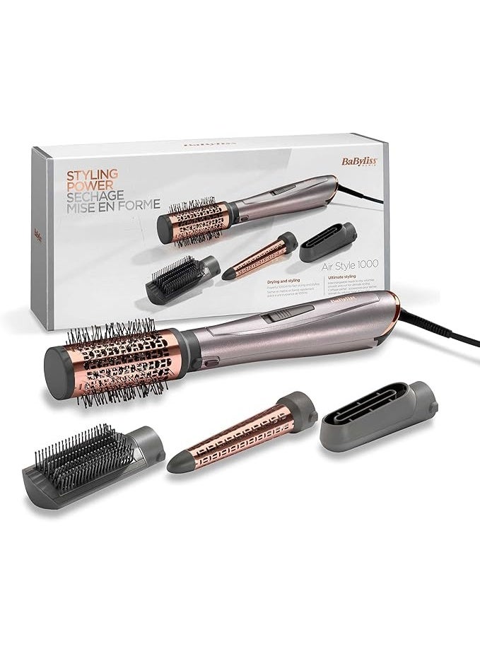 BaByliss Air Styler Hot Air Brush 1000W with Ionic Technology, 4 Interchangeable Attachments for Drying Curling Smoothing & Volumizing, Cool Shot Button, Rose Gold - AS136E Rose Gold - Image 1