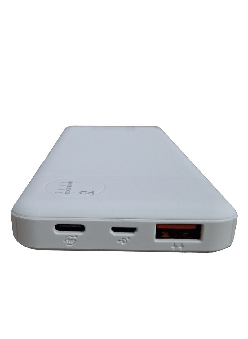 Power Bank 10000 mAh , uses lithium polymer quick charger battery 22.5 W - white  , which is safe, and does not explode with USB-C cable. It can be carried on the plane.