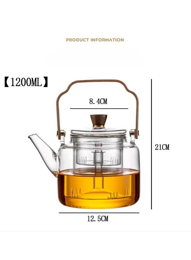 مل، مزود بمصفاة١٢٠٠إبريق شاي زجاجي آمن للاستخدام على الموقد، سعة  زجاجية للشاي السائب، ومقبض خشبي - Image 4