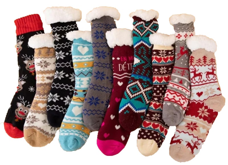 CLUZE Socks For Women Fuzzy Non Slip Winter Thick Warm Soft Cozy Fleece Calf Length Lining Socks With Grippers - Pack Of 3, Multicolour - Image 1