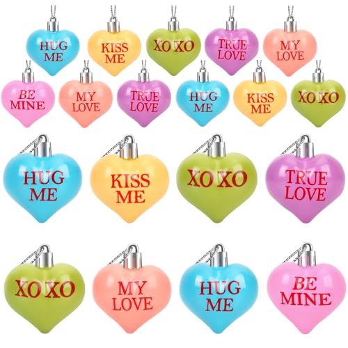 JULMELON Valentine's Day Conversation Hearts Candy Ornaments, 24 Pcs Colorful Heart Decorations for Tree Home Party Holiday Wedding and Party Decoration - Image 1