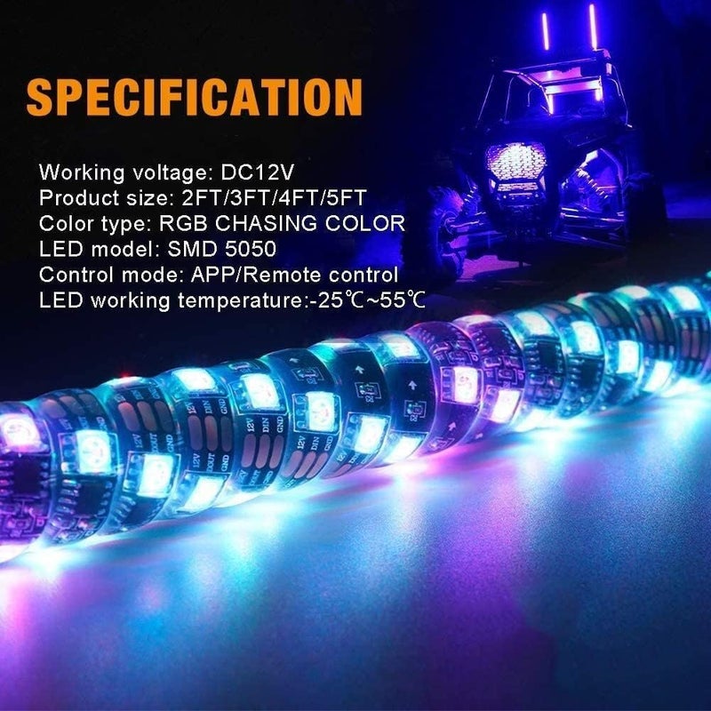 MekUk Whip Lights 3FT LED Whip Light with Remote Control and APP-Control,RGB Whips Lamp Flag Light Accessories for UTV ATV Polaris RZR Can-Am SXS - Image 4