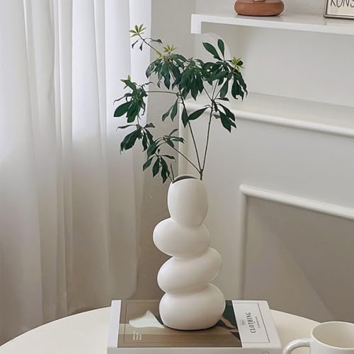 PUREZENTO 'Pebble Stack' White Ceramic Vase 8 Inch - Pack of 1 | Decorative Modern Vase for Dried Flowers & Pampas Grass | Vases for Modern Home Decor, Living Room, Office Decor Ideas - Image 1