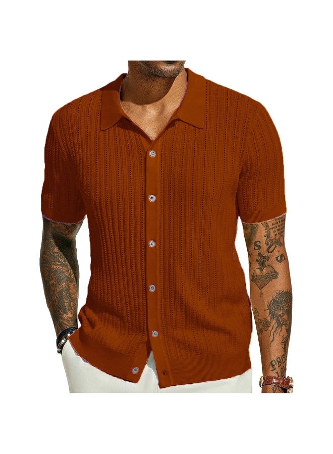 NIBEMINENT Summer Short Sleeve Men's Polo Shirts Fashion Solid Striped Loose Cardigan Turn Down Collar Shirt Male Casual Knitted Polos Top - Image 1