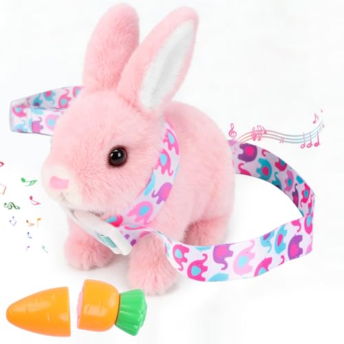 Sprstar Easter Bunny ToyBunny My Realistic Bunny ToyHopping Rabbit Plush Bunny Toywith Sounds and Movements Animated Walking Wiggle Ears Twitch Nose Gift for Toddlers BirthdayPink Rabbit Leash - Image 1