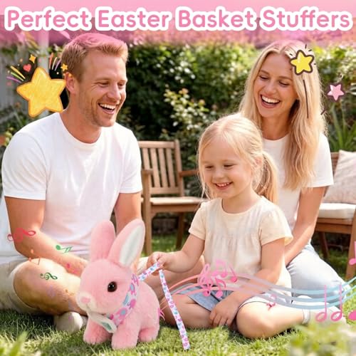 Sprstar Easter Bunny ToyBunny My Realistic Bunny ToyHopping Rabbit Plush Bunny Toywith Sounds and Movements Animated Walking Wiggle Ears Twitch Nose Gift for Toddlers BirthdayPink Rabbit Leash - Image 5
