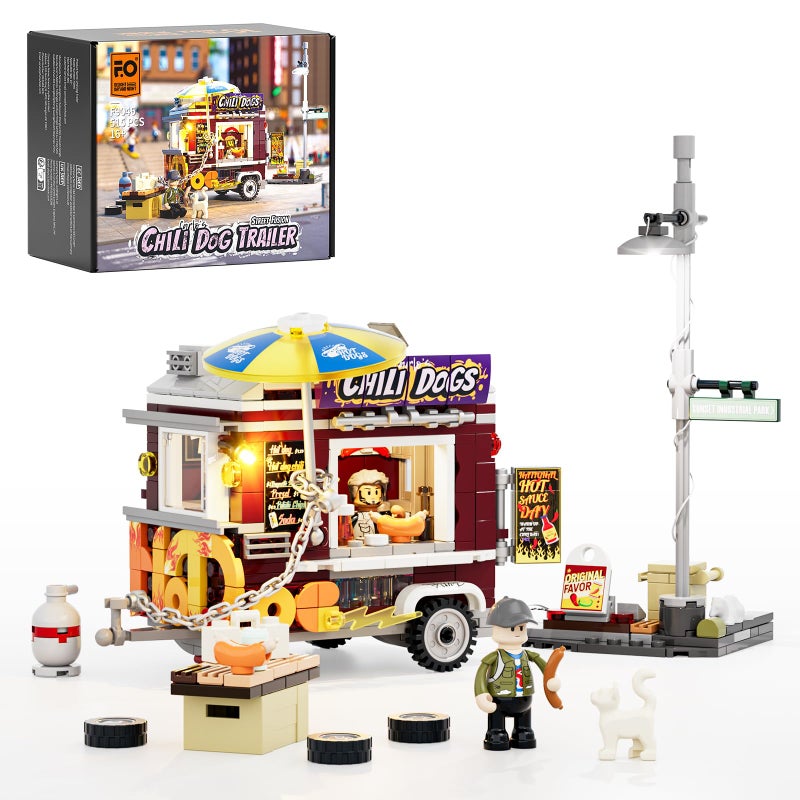 FUNWHOLE Chili Dog Trailer Lighting Building Bricks Set Street Fusion City Town Hot Food Truck with LED Light Display Kit 515 Pcs for Adults Teens Street Cultrue Lovers - Image 2