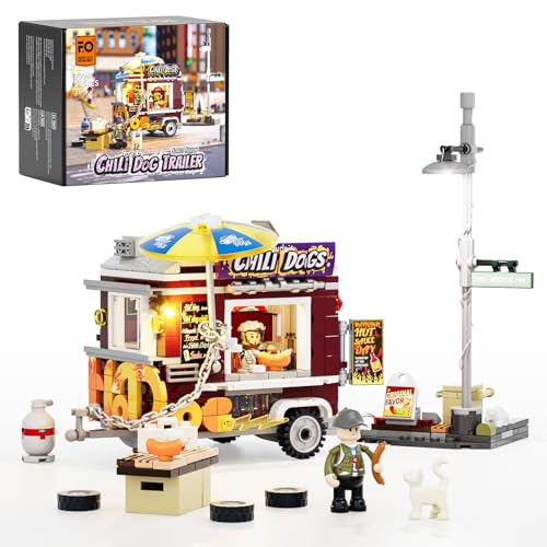 FUNWHOLE Chili Dog Trailer Lighting Building Bricks Set Street Fusion City Town Hot Food Truck with LED Light Display Kit 515 Pcs for Adults Teens Street Cultrue Lovers - Image 1