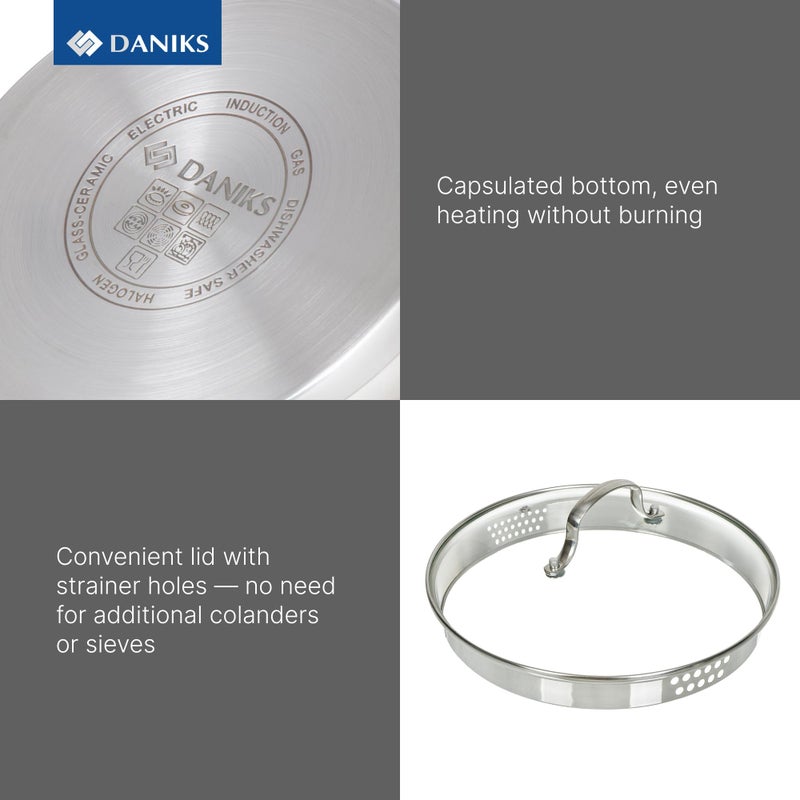 Daniks Tokio Stainless Steel Stock Pot 4.5 Quart, with Glass Strainer Lid, Induction Ready, Dishwasher Safe, Measuring Scale, Silver - Image 4