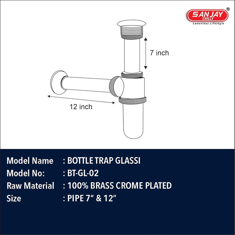 SANJAY CHILLY Bottle Trap Stainless Steel WASHBASIN Wall Flange Hight Adjustable Waste Outlet Pipe 12 INCHES (Suitable for 7 & 12 INCHES Pipe) Chrome Finished Body with Modern Design Sinks - Image 3