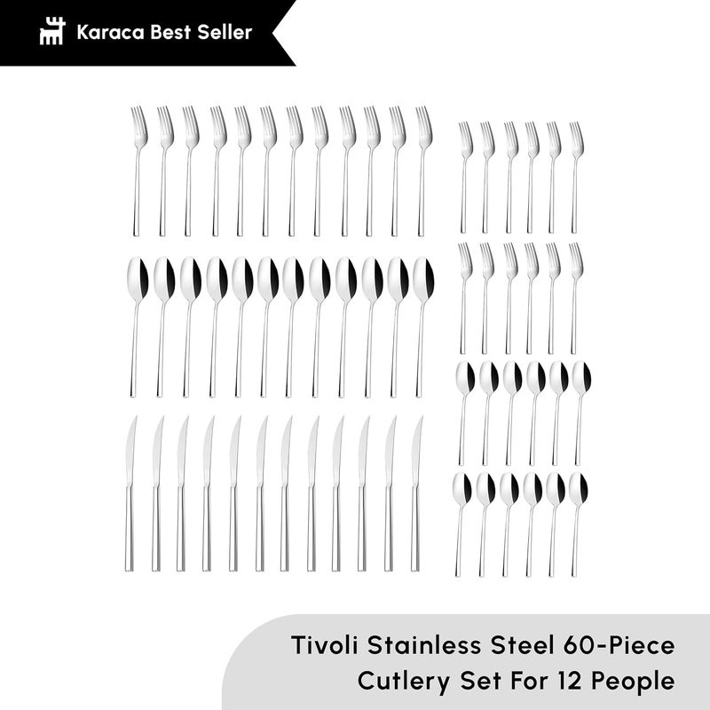 Karaca Tivoli 60 Pieces Cutlery Set for 12 Person  Forks Spoon Knives Silverware Sets  Modern Silver Flatware  Stainless Steel Kitchen Utensils Tableware Set  Dishwasher Safe - Image 2