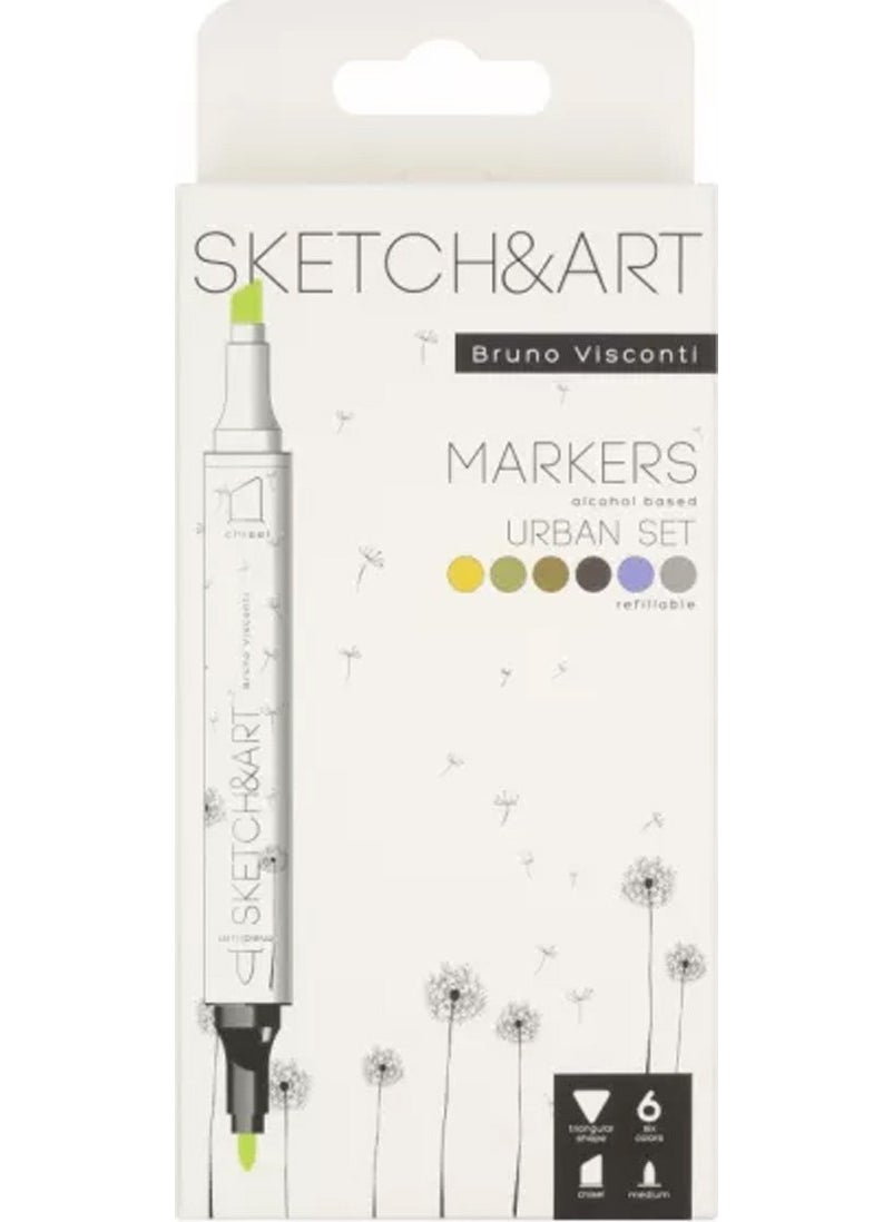 Bruno Visconti - 'Sketch Art' Double Sided Markers 6 Color Architecture - Image 1