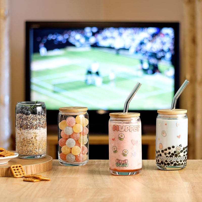 PrimeWorld Cola Can Glass with Bamboo Lid and Glass Straw 550 ml Pack of 6 pcs for ice Coffee Smoothie Water Juice Mokito Cold Drink Milk Cocktail Beer whiske soda bar Parties Home - Image 5