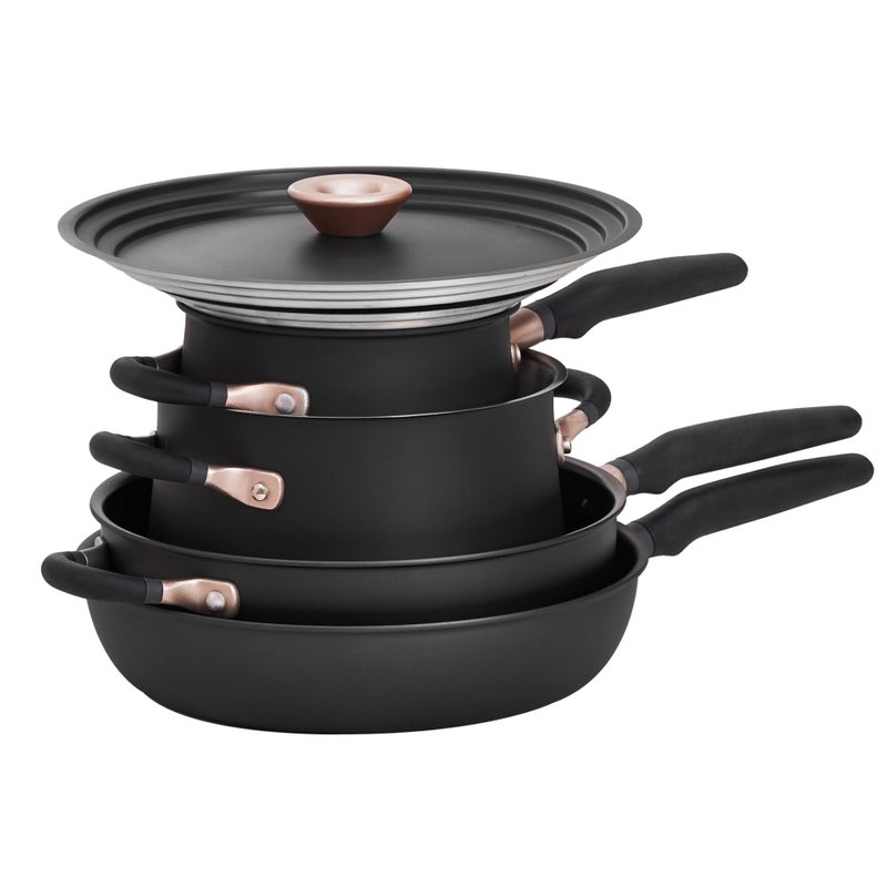 Meyer 6pc Stackable Set with Universal Lids  Hard Anodized Non Stick and Stainless Steel Pots and Pans  Induction Compatible  Dishwasher Safe  Oven Safe  Matte Black  Accent Series Cookware