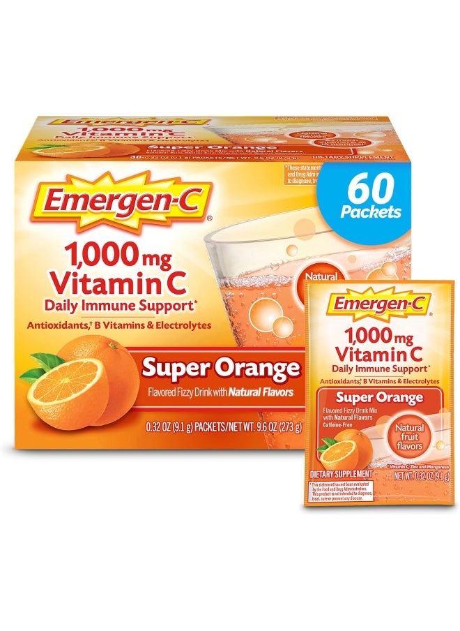 Emergen-C 1000Mg Vitamin C Powder For Daily Immune Support Caffeine Free Vitamin C Supplements With Zinc And Manganese B Vitamins And Electrolytes Super Orange Flavor 60 Count/2 Month Supply  - Image 1