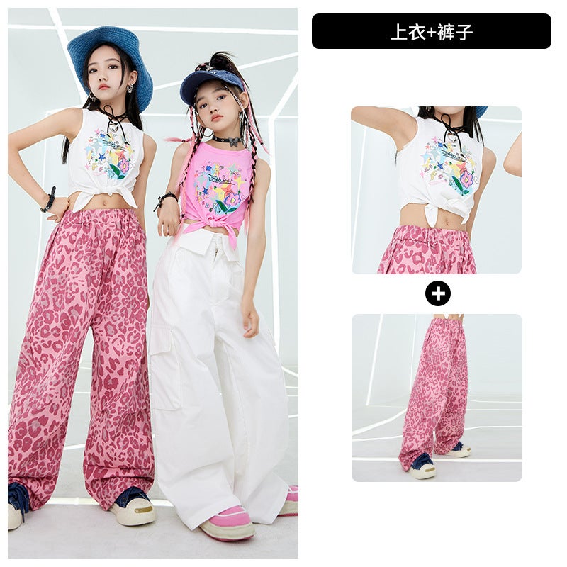 Girls Jazz Dance Costume Hip-hop Childrens Fashionable Clothes for Show suit Childrens Fashionable Cool Hip-hop Girls Navel Costume Pink Pants White Top