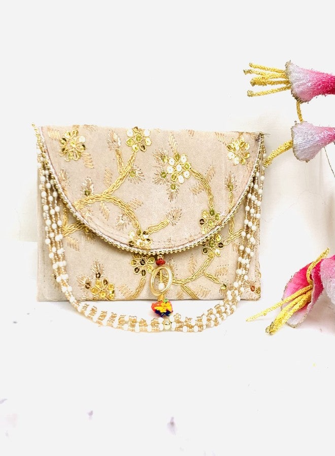 RDK SON'S Women's Embroidered Clutch Purse Bag, Indian Wedding Gift, Bridesmaid Gifts, Wedding Favors, Mehndi Favors, Return Gift (Beige) - Image 3