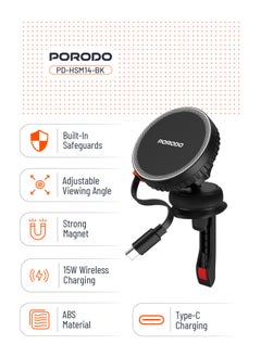 porodo Magsafe Car Charger with Retractable Type-C Cable / Strong Magnet / Built-In Safeguards / Adjustable Viewing Angle / 4.7-6.9" Smartphones / 15W Wireless Charger - Black  - Image 2