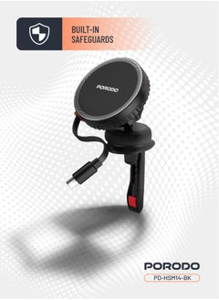 porodo Magsafe Car Charger with Retractable Type-C Cable / Strong Magnet / Built-In Safeguards / Adjustable Viewing Angle / 4.7-6.9" Smartphones / 15W Wireless Charger - Black  - Image 3