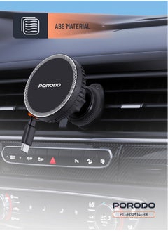 porodo Magsafe Car Charger with Retractable Type-C Cable / Strong Magnet / Built-In Safeguards / Adjustable Viewing Angle / 4.7-6.9" Smartphones / 15W Wireless Charger - Black  - Image 4