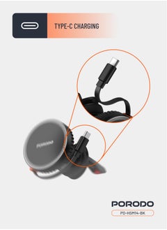 porodo Magsafe Car Charger with Retractable Type-C Cable / Strong Magnet / Built-In Safeguards / Adjustable Viewing Angle / 4.7-6.9" Smartphones / 15W Wireless Charger - Black  - Image 5