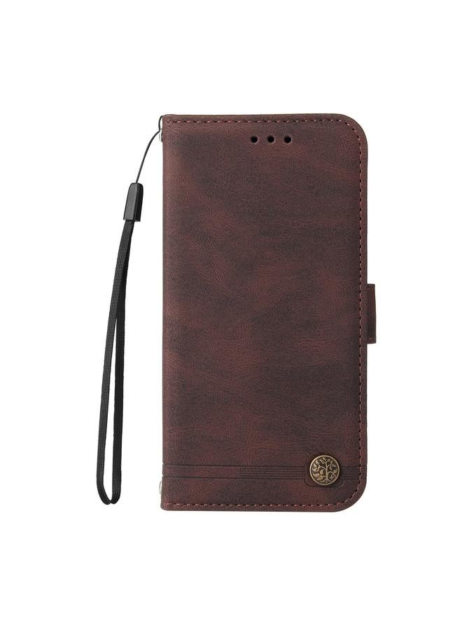 Zaboon Case For iPhone 12 / 12 Pro Skin Feel Life Tree Metal Button Horizontal Flip Leather Case with Holder & Card Slot & Wallet & Photo Frame & Strap - Image 2