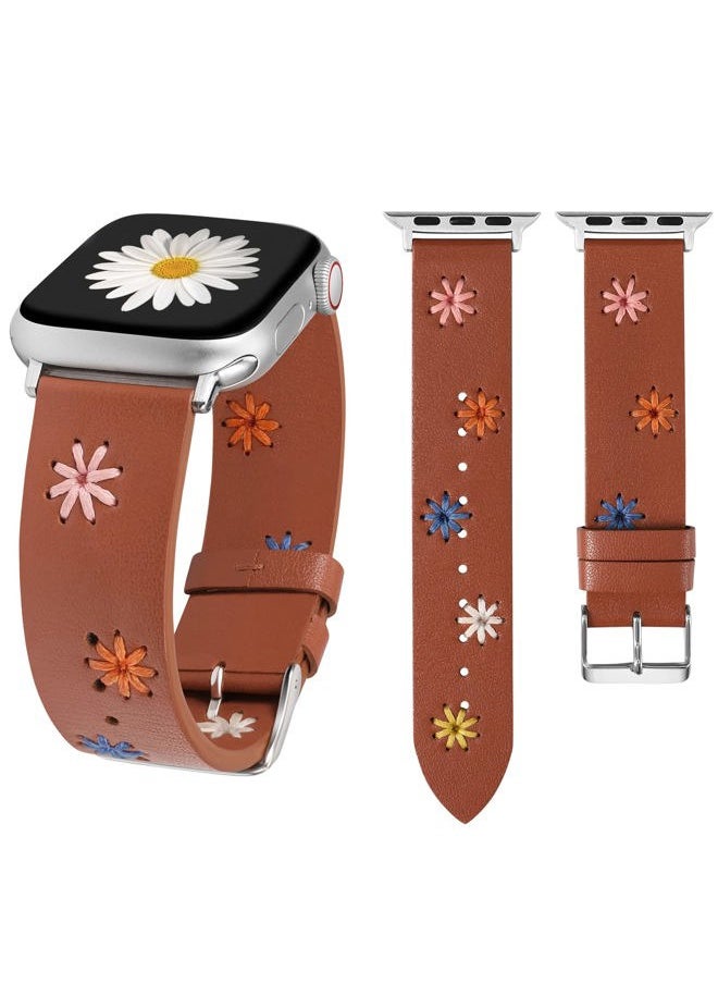 Wearlizer - Daisy Leather Band Compatible with Apple Watch Band Women 45/44/ 42/46/49mm(Ultra), Original Boho Soft Leather Strap with Cute Floral Stitching for iWatch Series 10/9/8/SE/7/6/5/4/3/2/1 - Image 1