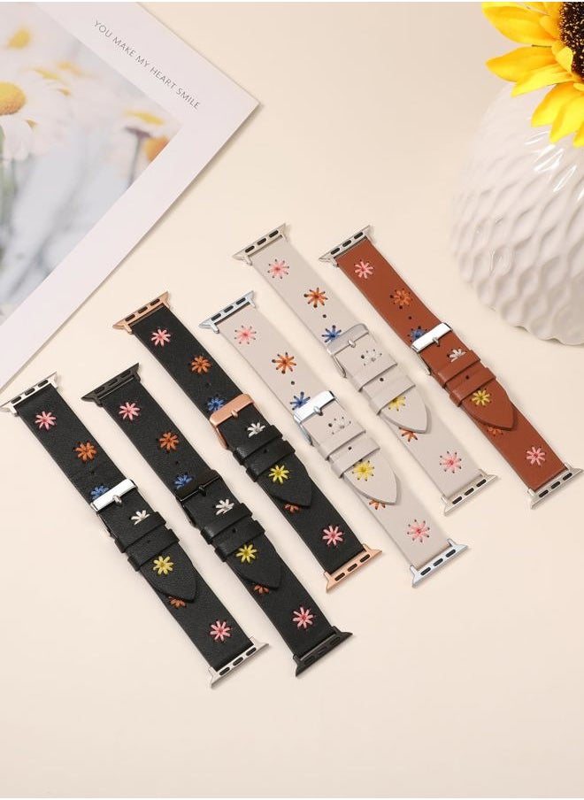 Wearlizer - Daisy Leather Band Compatible with Apple Watch Band Women 45/44/ 42/46/49mm(Ultra), Original Boho Soft Leather Strap with Cute Floral Stitching for iWatch Series 10/9/8/SE/7/6/5/4/3/2/1 - Image 1