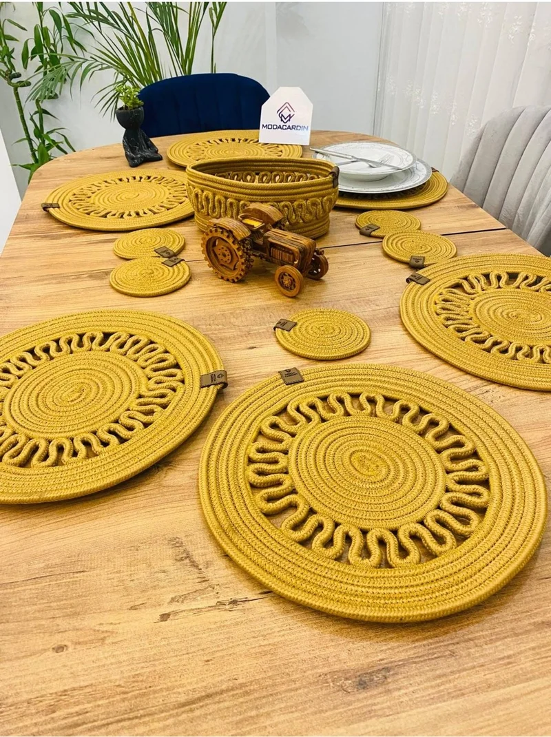 BDZ Deri BDZ Leather Wicker Jute Presentation Plate Mat American Service Coaster and Basket 13 Pieces