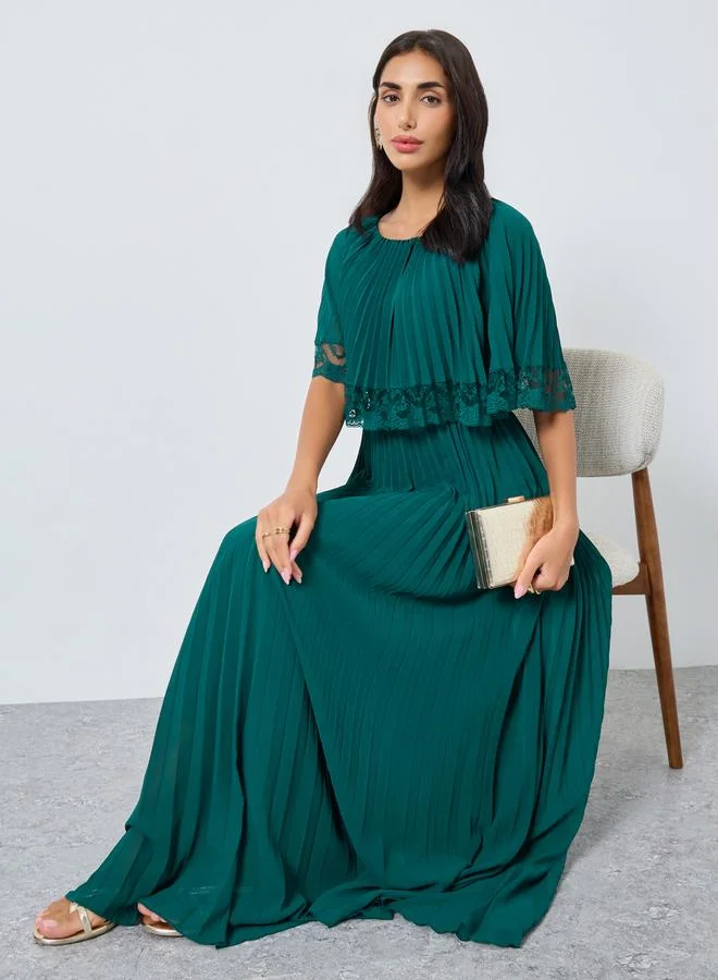 Styli Teal Lace Trim Pleated Maxi Evening Dress